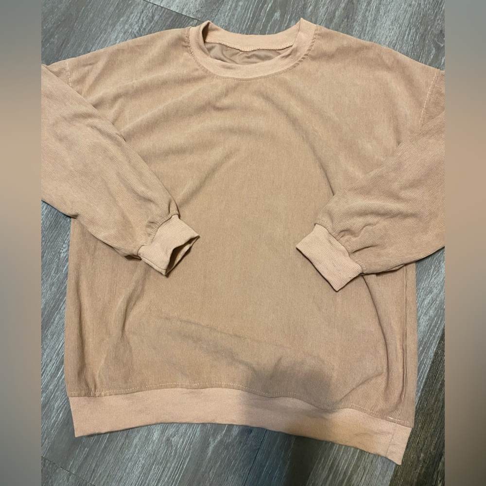 Casual Tan Long Sleeve Top. Light corduroy feel texture.